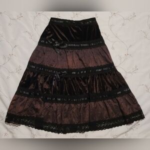 VINTAGE Moine Black & Brown Velvet Lace Whimsigoth Midi Skirt - Size XL